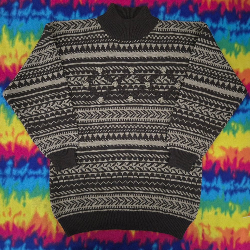 Page Boy Sweater Womens M Brown Fair Isle Mock Neck 3D Rosette Floral Cozy
